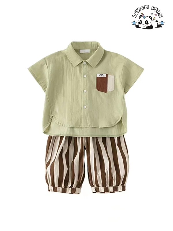 LEZONKIDS - OEM Customizable Little Gentle Short Sleeve and Pant Button Outfits Boys Clothing Sets 2-14 Years Old
